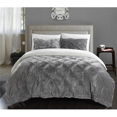 CHIC HOME Chic Home CS5062-US Enzo Pinch Pleated Ruffled & Pintuck Sherpa Lined Comforter Set - Grey - Queen - 3 Piece CS5062-US
